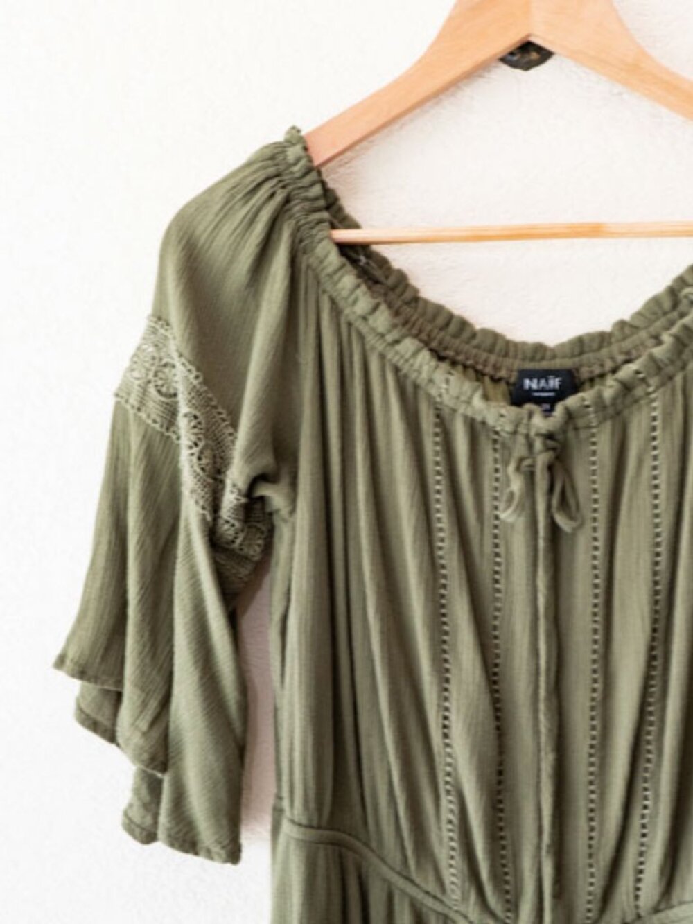 Naif Women 2X Olive Green Boho Dress Peasant Flutter Sleeve Elastic Neckline - Picture 3 of 13